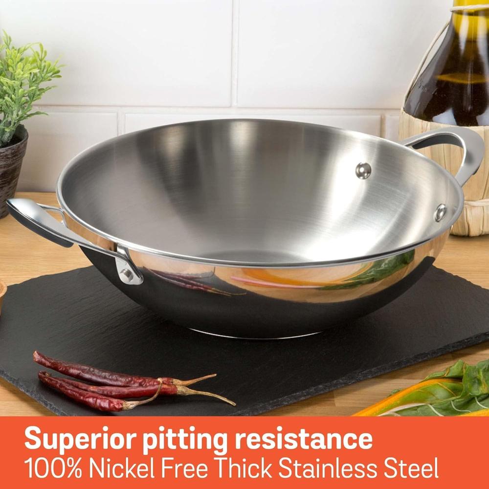 Meyer Select Nickel Free Stainless Steel Kadai with Glass Lid | Steel Kadhai with Triply Base for Deep Frying | Gas and Induction Compatible, 22cm/ 1.91 Liters, Silver 70335
