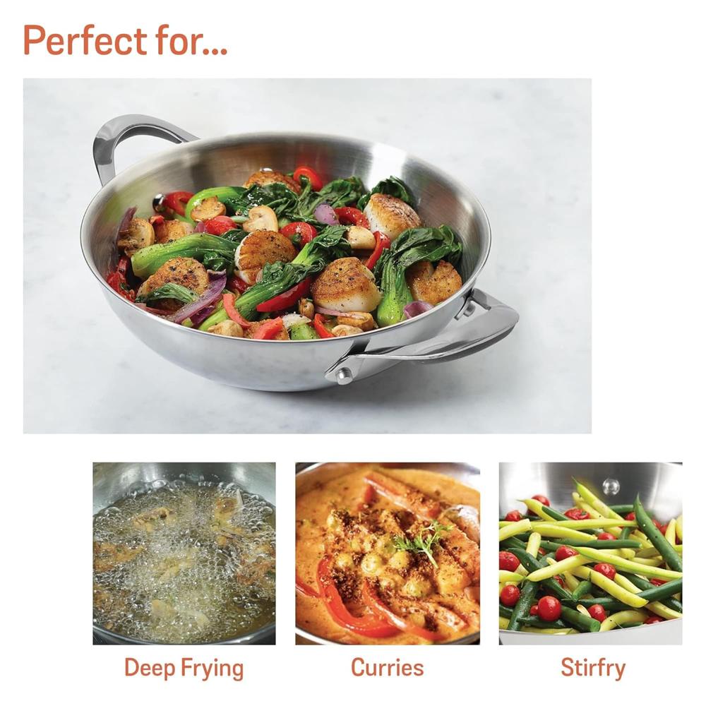 Meyer Select Nickel Free Stainless Steel Kadai with Glass Lid | Steel Kadhai with Triply Base for Deep Frying | Gas and Induction Compatible, 22cm/ 1.91 Liters, Silver 70335