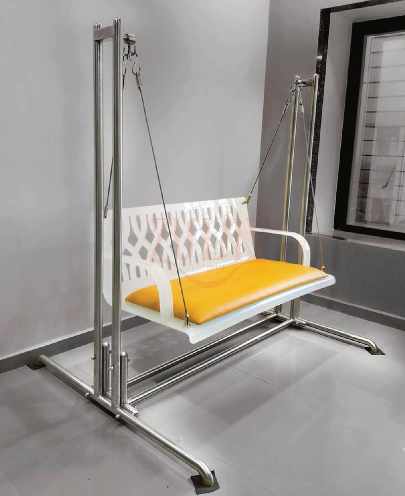 Indoor Acrylic S Cutting Swing With SS Stand - Stainless Steel Frame, 150x70x180 cm, White Acrylic Seat, Yellow Cushion | CNC Cutwork, Foam Padding, Anti-Slip Base