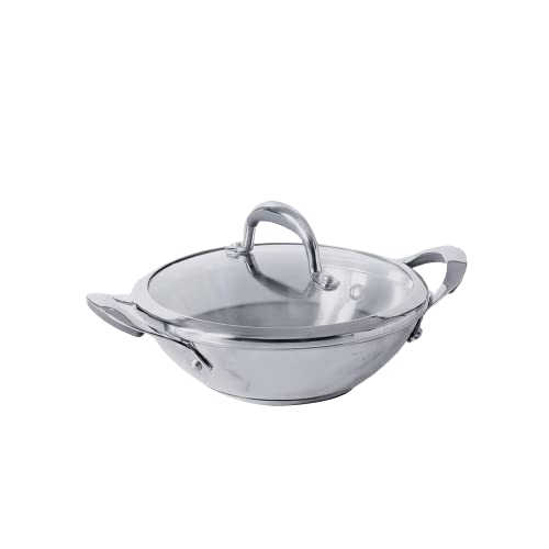 Meyer Select Nickel Free Stainless Steel Kadai with Glass Lid | Steel Kadhai with Triply Base for Deep Frying | Gas and Induction Compatible, 24cm/ 2.61 Liters, Silver 70651