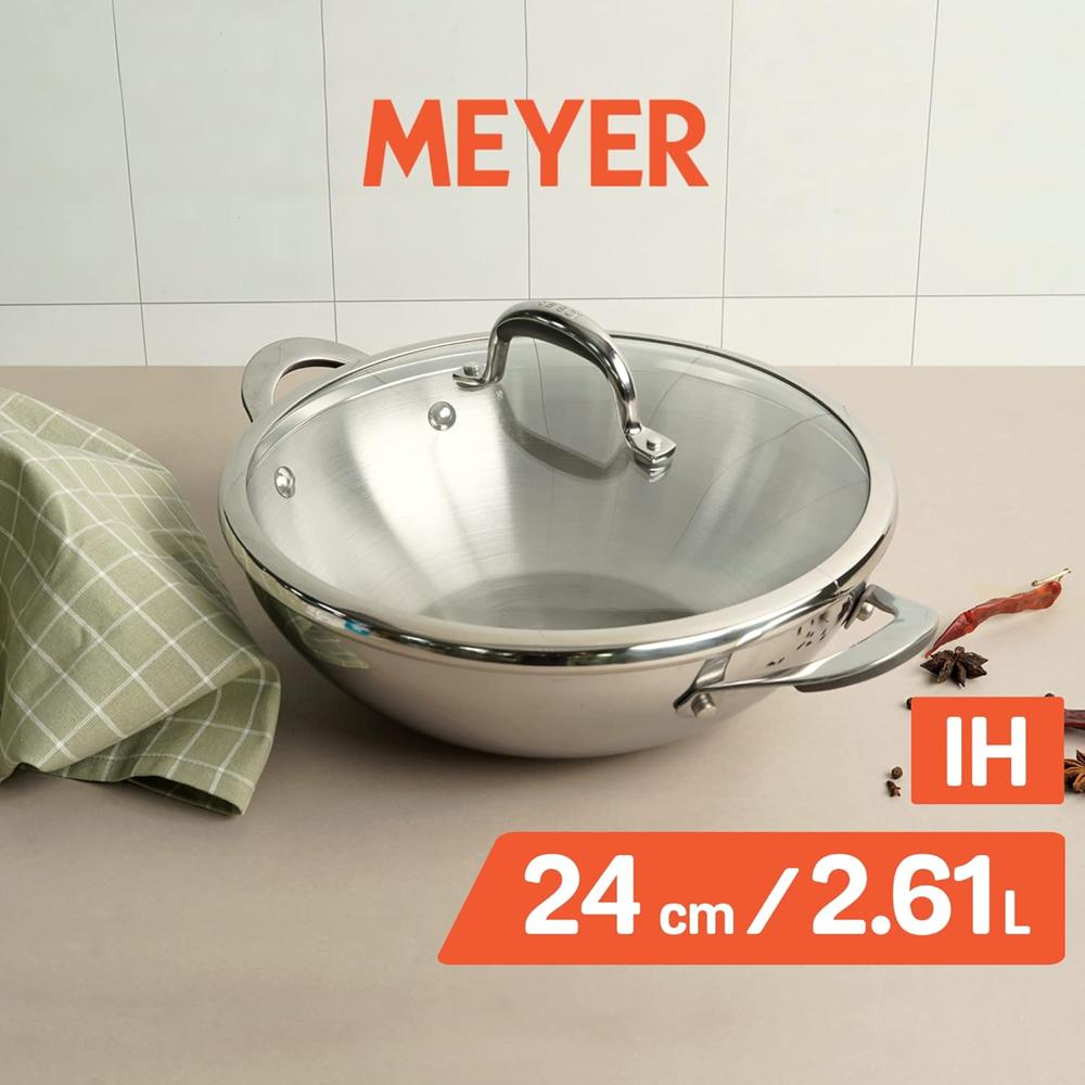 Meyer Select Nickel Free Stainless Steel Kadai with Glass Lid | Steel Kadhai with Triply Base for Deep Frying | Gas and Induction Compatible, 24cm/ 2.61 Liters, Silver 70651