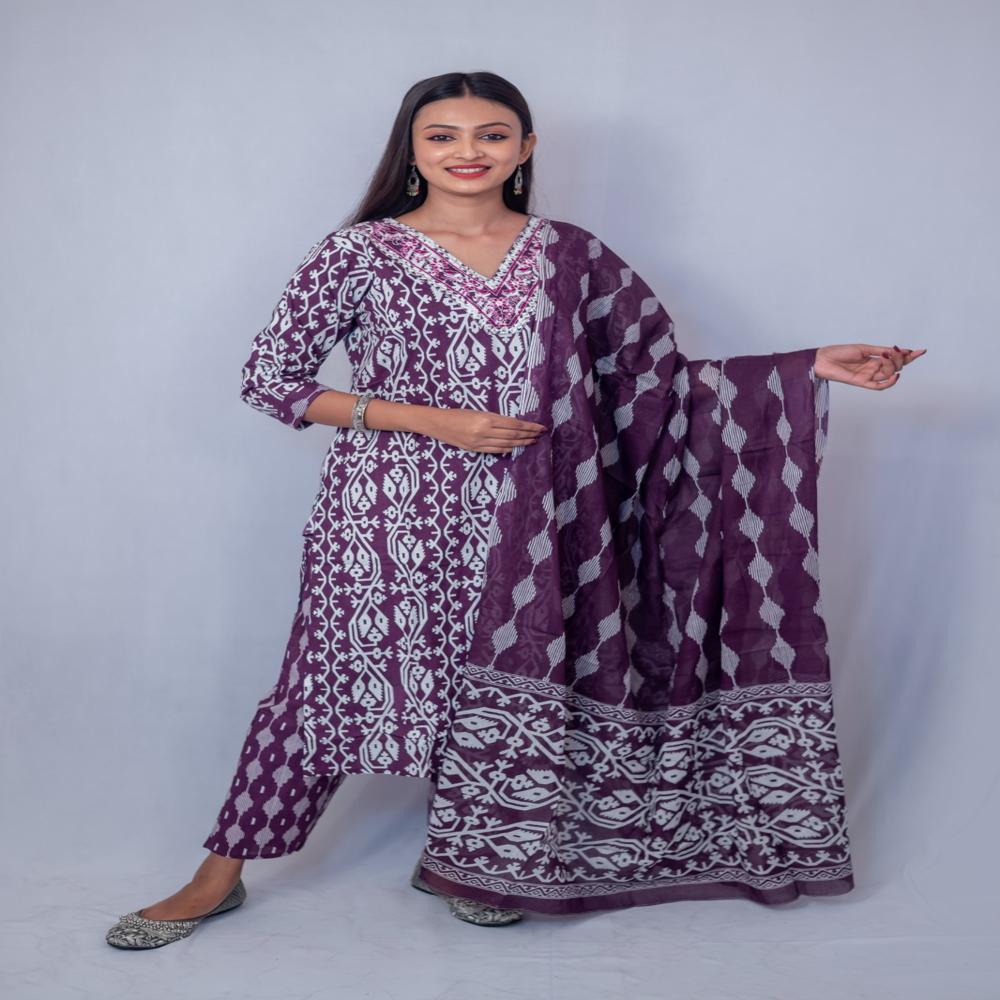 Three piece cambric cotton suit set