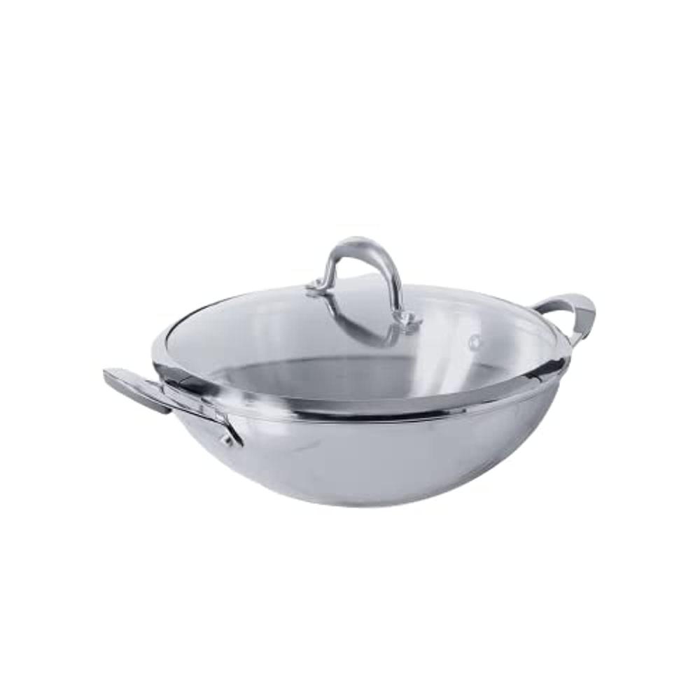 Meyer Select Nickel Free Stainless Steel Kadai with Glass Lid | Steel Kadhai with Triply Base for Deep Frying | PFOA, Gas and Induction Compatible, 26cm/ 3.25 Liters, Silver 70336