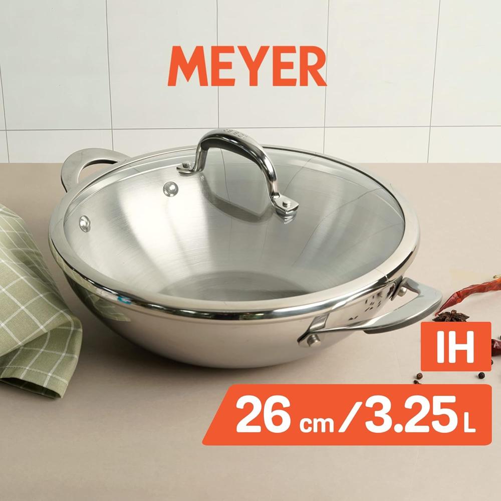 Meyer Select Nickel Free Stainless Steel Kadai with Glass Lid | Steel Kadhai with Triply Base for Deep Frying | PFOA, Gas and Induction Compatible, 26cm/ 3.25 Liters, Silver 70336