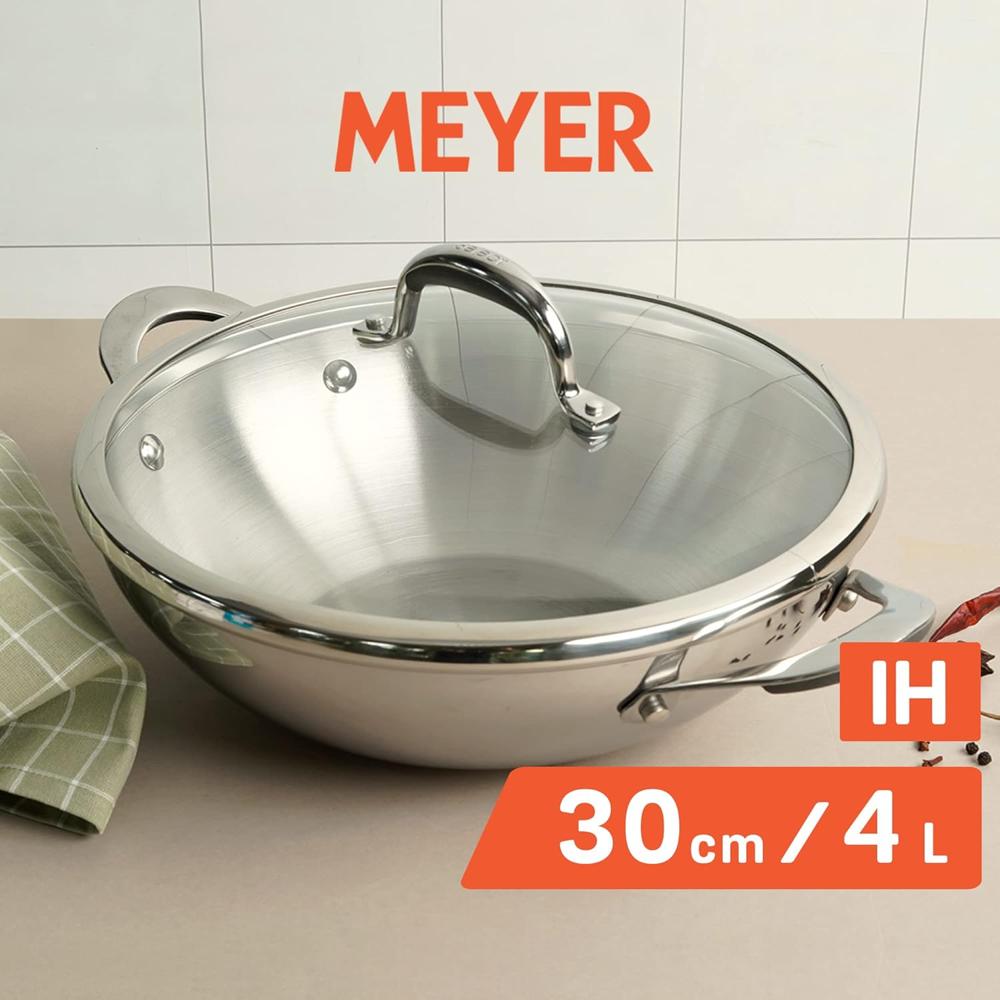 Meyer Select Nickel Free Stainless Steel Kadai | Kadhai with Glass Lid | Steel Kadai with Triply Base for Deep Frying| Gas and Induction Compatible, 30cm/ 4 Liters, Silver 70343