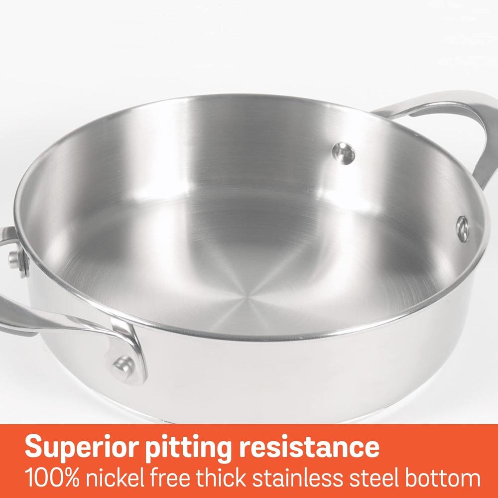 Meyer Select Nickel Free Stainless Steel Sauteuse with Glass Lid | Steel Saute Pan with Triply Base | Frying Pan with Lid | Gas and Induction Suitable | 20cm/ 1.56 Litre, Silver 70649