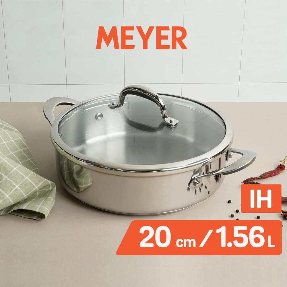 Meyer Select Nickel Free Stainless Steel Sauteuse with Glass Lid | Steel Saute Pan with Triply Base | Frying Pan with Lid | Gas and Induction Suitable | 20cm/ 1.56 Litre, Silver 70649