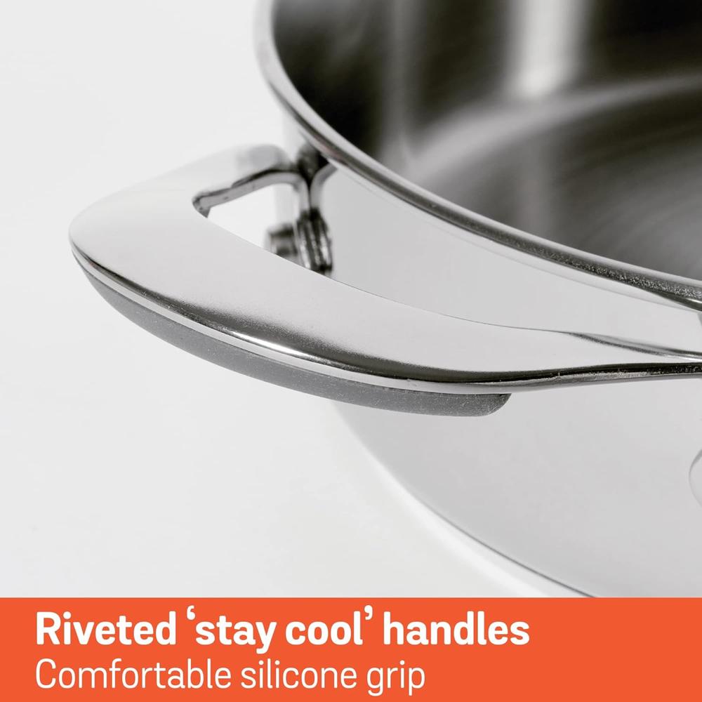 Meyer Select Nickel Free Stainless Steel Sauteuse with Glass Lid | Steel Frying Pan with Lid and 2 Side Handles | Gas and Induction Suitable | 24cm/ 2.91 Litre, Silver 70671
