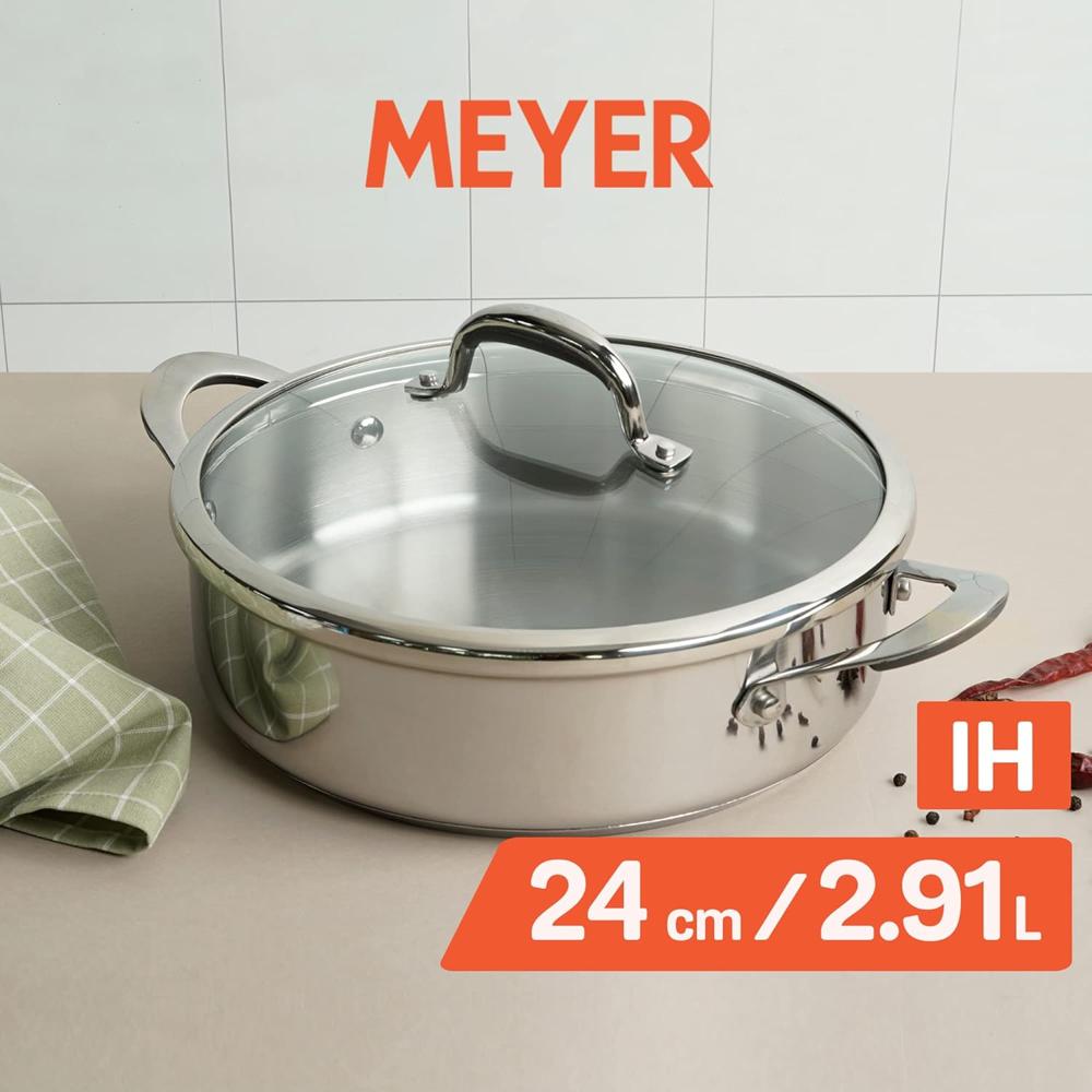 Meyer Select Nickel Free Stainless Steel Sauteuse with Glass Lid | Steel Frying Pan with Lid and 2 Side Handles | Gas and Induction Suitable | 24cm/ 2.91 Litre, Silver 70671