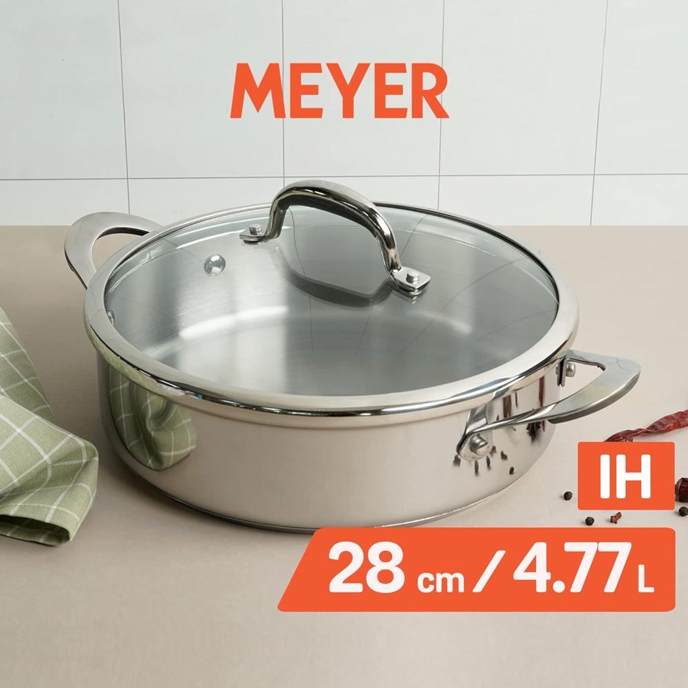 Meyer Select Nickel Free Stainless Steel Sauteuse with Glass Lid | Steel Saute Pan with Triply Base| Frying Pan with Lid | Gas and Induction Suitable | 28cm/ 4.77 Litre, Silver 70650