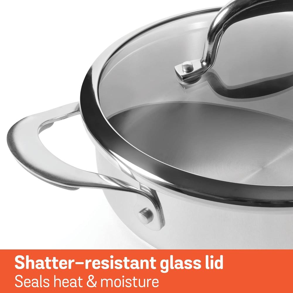 Meyer Select Nickel Free Stainless Steel Sauteuse with Glass Lid | Steel Saute Pan with Triply Base| Frying Pan with Lid | Gas and Induction Suitable | 28cm/ 4.77 Litre, Silver 70650