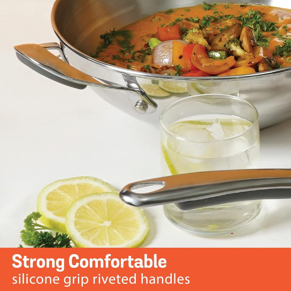 Meyer Select Nickel Free Stainless Steel 26cm Frypan + 26cm Kadhai/Wok 3-Piece Cookware Set With Interchangeable Lid (Induction & Gas Compatible), Silver 70349