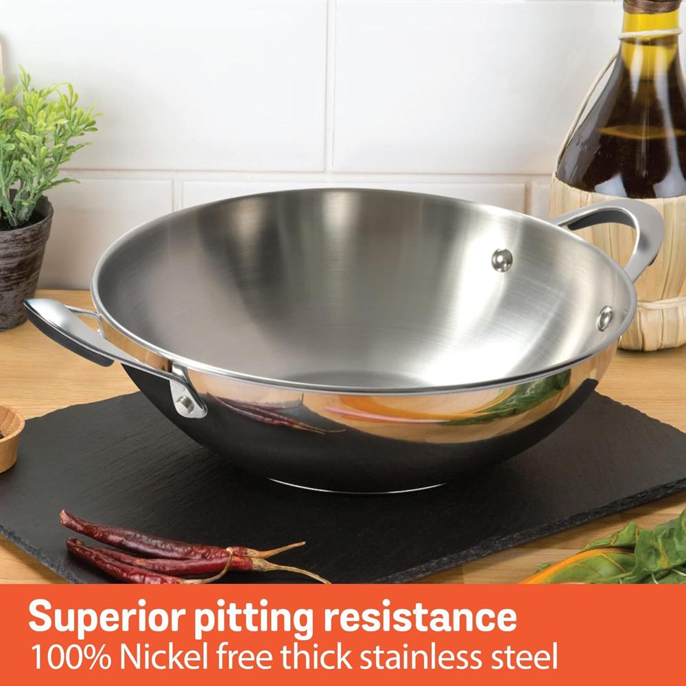 Meyer Select Nickel Free Stainless Steel 26cm Frypan + 26cm Kadhai/Wok 3-Piece Cookware Set With Interchangeable Lid (Induction & Gas Compatible), Silver 70349