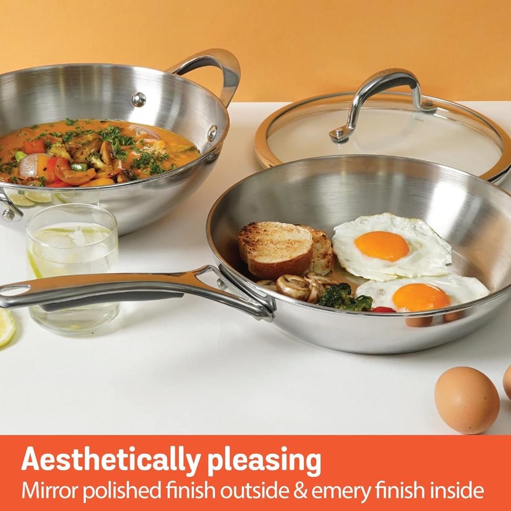 Meyer Select Nickel Free Stainless Steel 26cm Frypan + 26cm Kadhai/Wok 3-Piece Cookware Set With Interchangeable Lid (Induction & Gas Compatible), Silver 70349