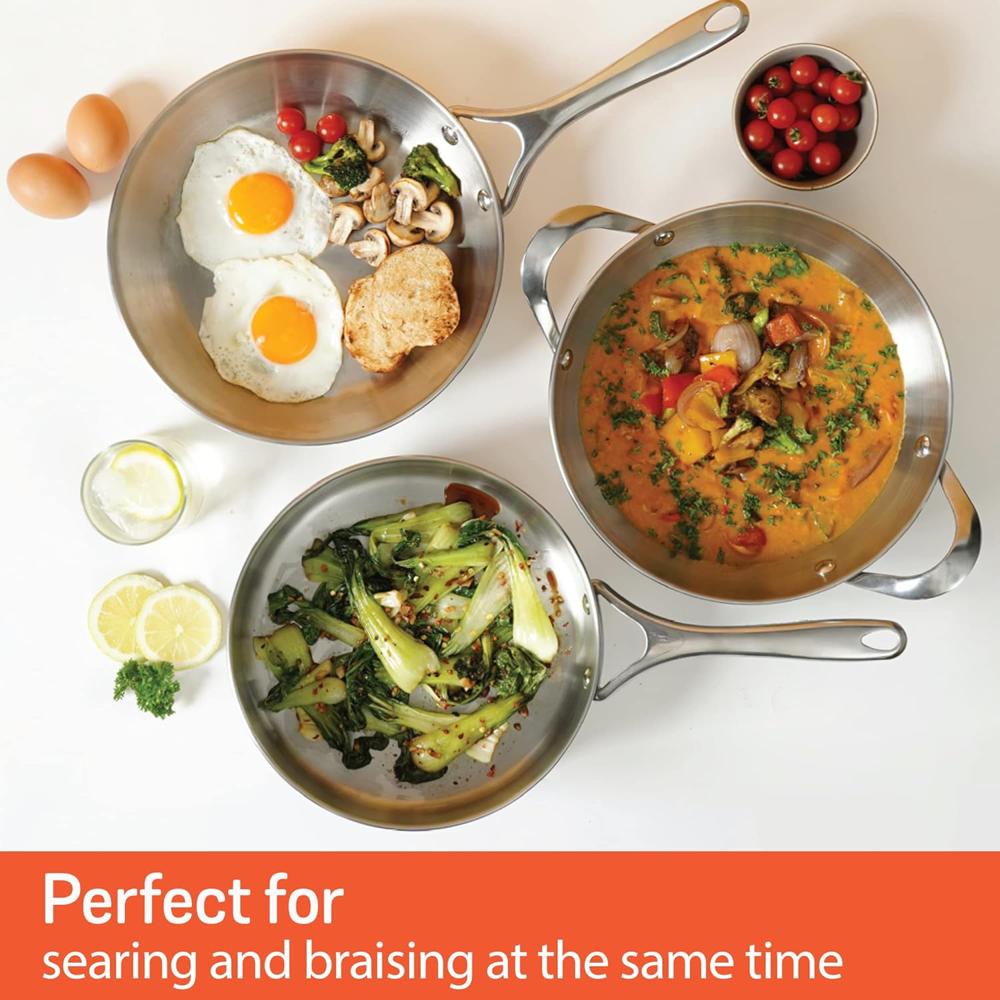 Meyer Select Nickel Free Stainless Steel 26cm Frypan + 26cm Kadhai/Wok 3-Piece Cookware Set With Interchangeable Lid (Induction & Gas Compatible), Silver 70349