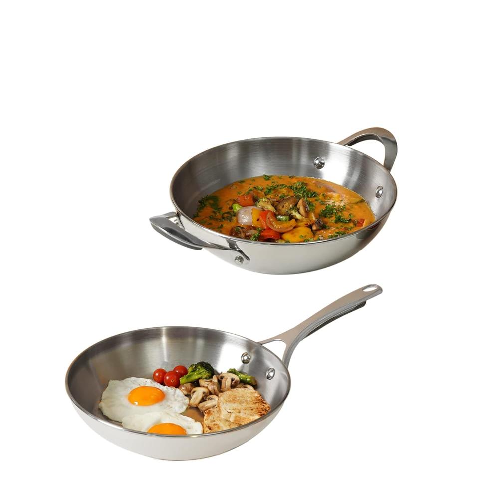 Meyer Select Nickel Free Stainless Steel 26cm Frypan + 26cm Kadhai/Wok 3-Piece Cookware Set With Interchangeable Lid (Induction & Gas Compatible), Silver 70349