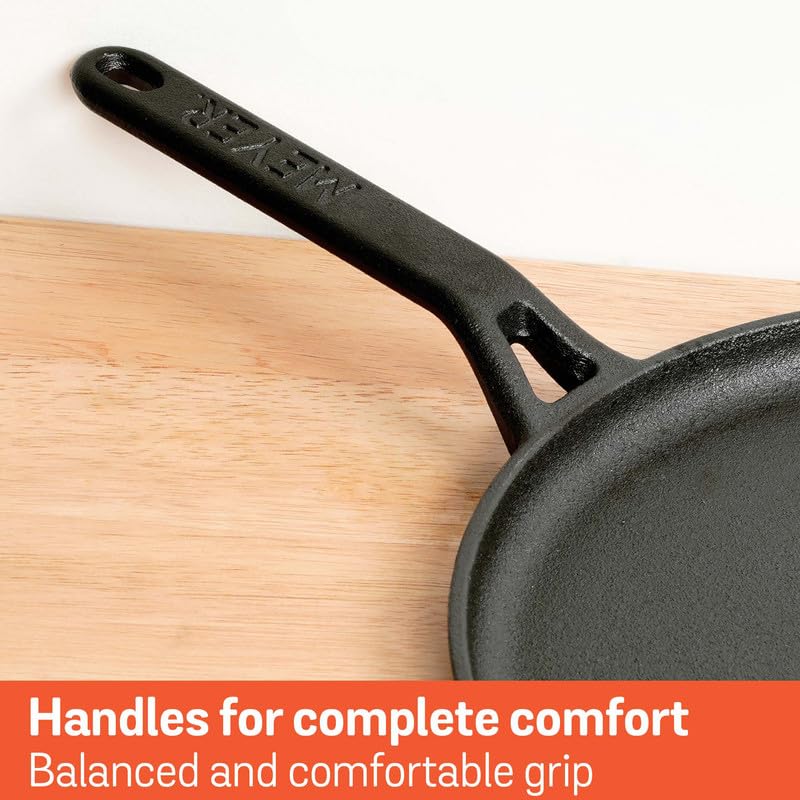 Meyer Pre-Seasoned Cast Iron Roti/Chapati/Dosa Tawa Pan with Stick Handle, Dosa Kallu, Iron Tawa Big Size | Pre-Seasoned Cast Iron Cookware | Gas Stovetop Compatible | 26cm, Black 47609
