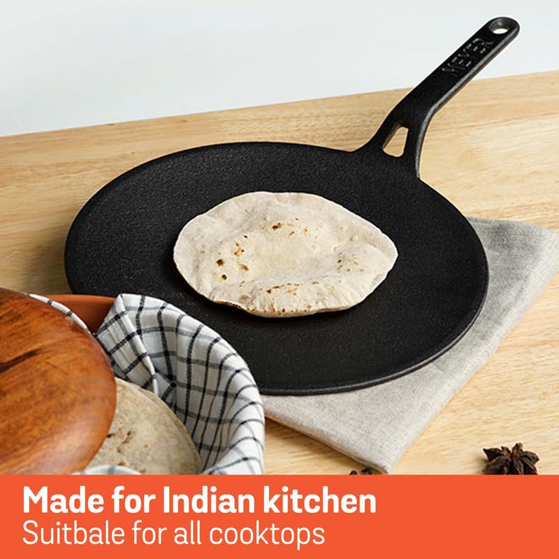 Meyer Pre-Seasoned Cast Iron Roti/Chapati/Dosa Tawa Pan with Stick Handle, Dosa Kallu, Iron Tawa Big Size | Pre-Seasoned Cast Iron Cookware | Gas Stovetop Compatible | 26cm, Black 47609