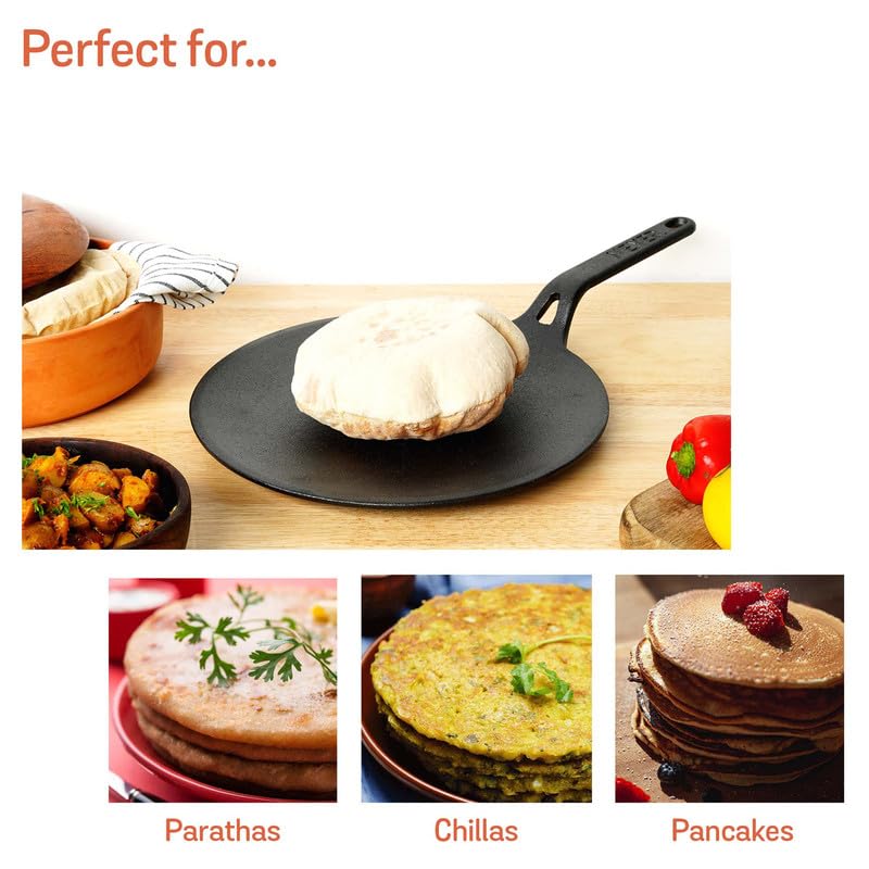 Meyer Pre-Seasoned Cast Iron Roti/Chapati/Dosa Tawa Pan with Stick Handle, Dosa Kallu, Iron Tawa Big Size | Pre-Seasoned Cast Iron Cookware | Gas Stovetop Compatible | 26cm, Black 47609