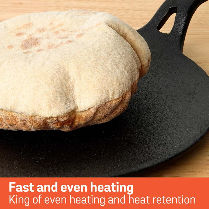 Meyer Pre-Seasoned Cast Iron Roti/Chapati/Dosa Tawa Pan with Stick Handle, Dosa Kallu, Iron Tawa Big Size | Pre-Seasoned Cast Iron Cookware | Gas Stovetop Compatible | 26cm, Black 47609