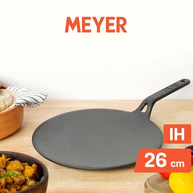 Meyer Pre-Seasoned Cast Iron Roti/Chapati/Dosa Tawa Pan with Stick Handle, Dosa Kallu, Iron Tawa Big Size | Pre-Seasoned Cast Iron Cookware | Gas Stovetop Compatible | 26cm, Black 47609