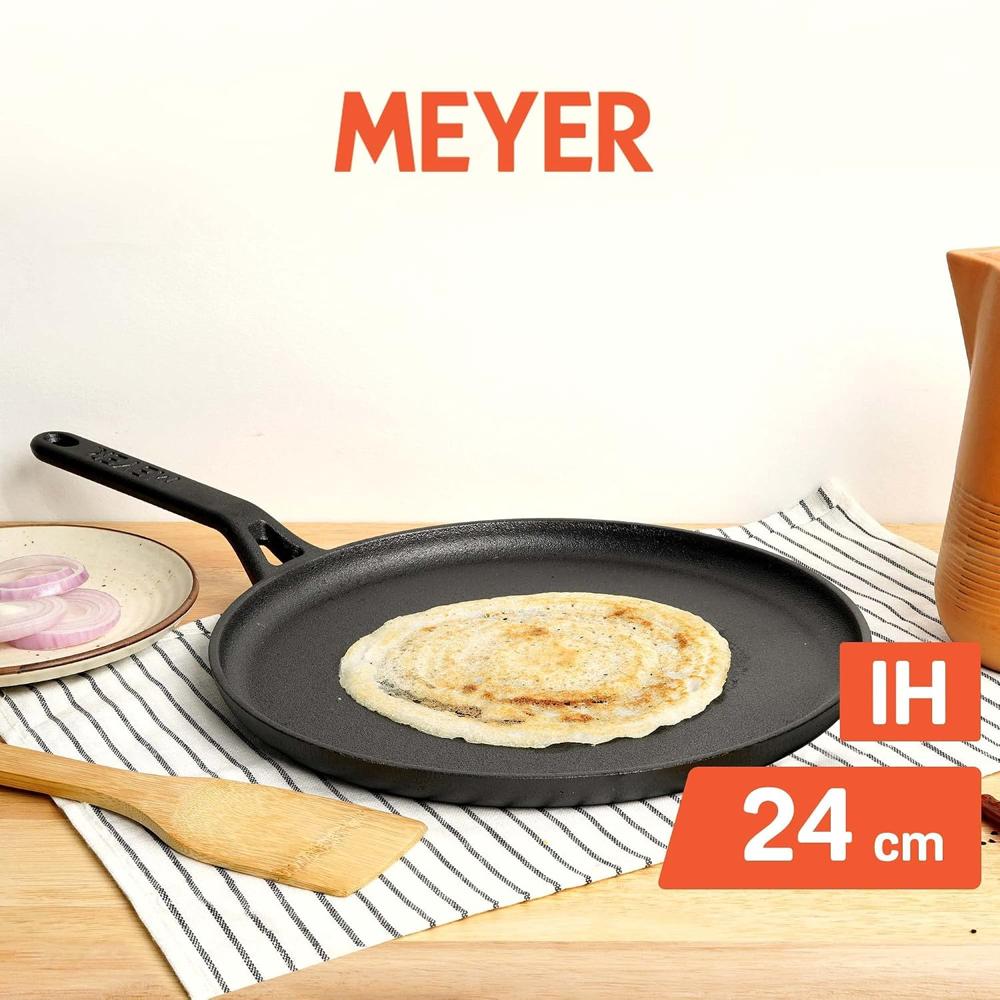 Meyer Pre-Seasoned Cast Iron Flat Dosa/Roti/Chapati Tawa Pan with Stick Handle, Dosa Kallu, Iron Tawa Small Size, Gas and Induction Compatible | 24cm, Black 48146