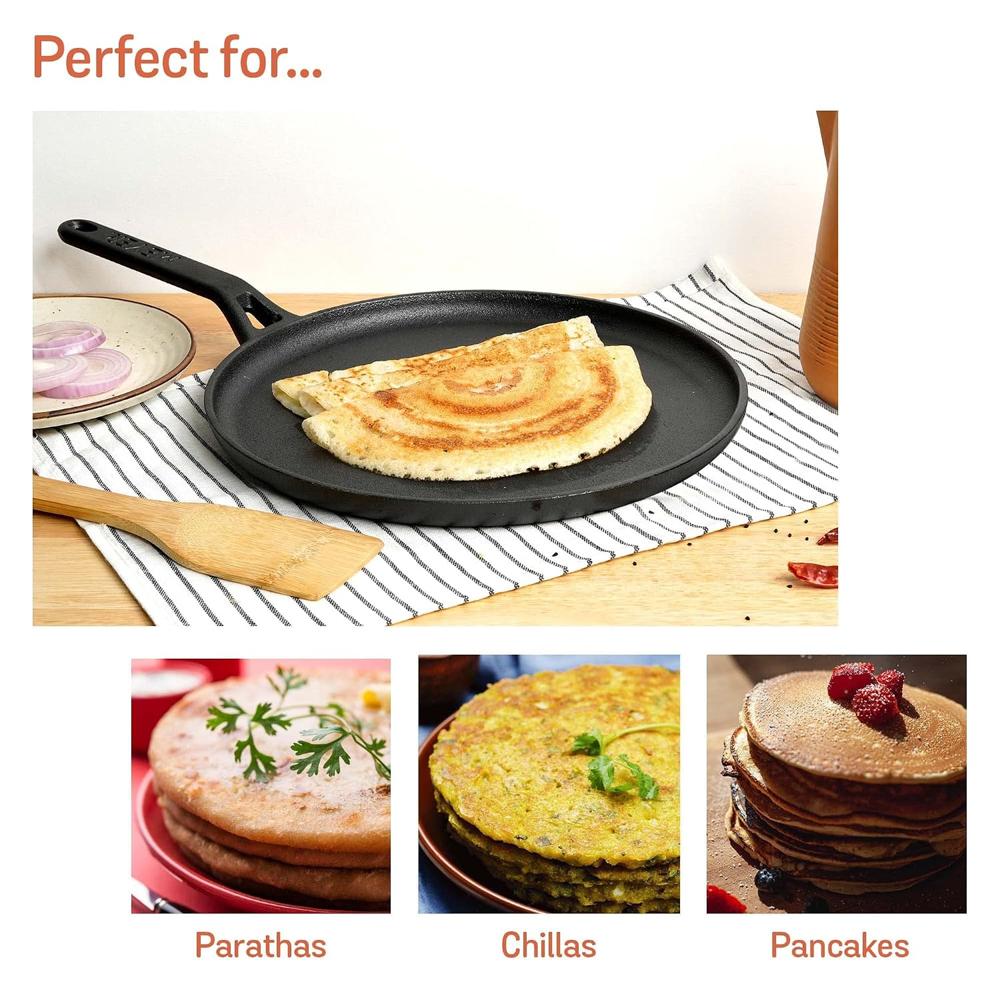 Meyer Pre-Seasoned Cast Iron Flat Dosa/Roti/Chapati Tawa Pan with Stick Handle, Dosa Kallu, Iron Tawa Small Size, Gas and Induction Compatible | 24cm, Black 48146
