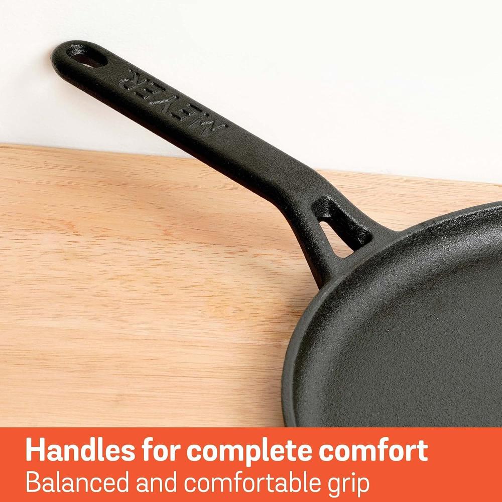 Meyer Pre-Seasoned Cast Iron Flat Dosa/Roti/Chapati Tawa Pan with Stick Handle, Dosa Kallu, Iron Tawa Small Size, Gas and Induction Compatible | 24cm, Black 48146