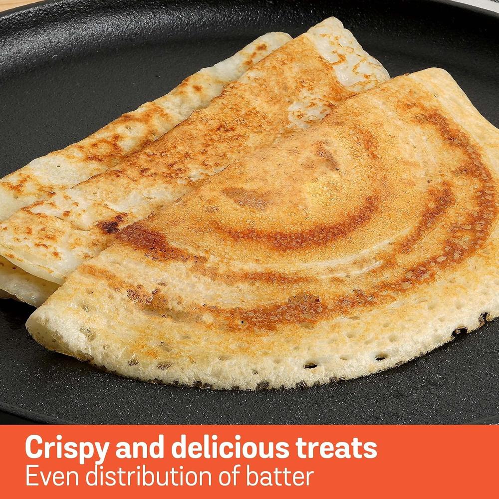 Meyer Pre-Seasoned Cast Iron Flat Dosa/Roti/Chapati Tawa Pan with Stick Handle, Dosa Kallu, Iron Tawa Small Size, Gas and Induction Compatible | 24cm, Black 48146