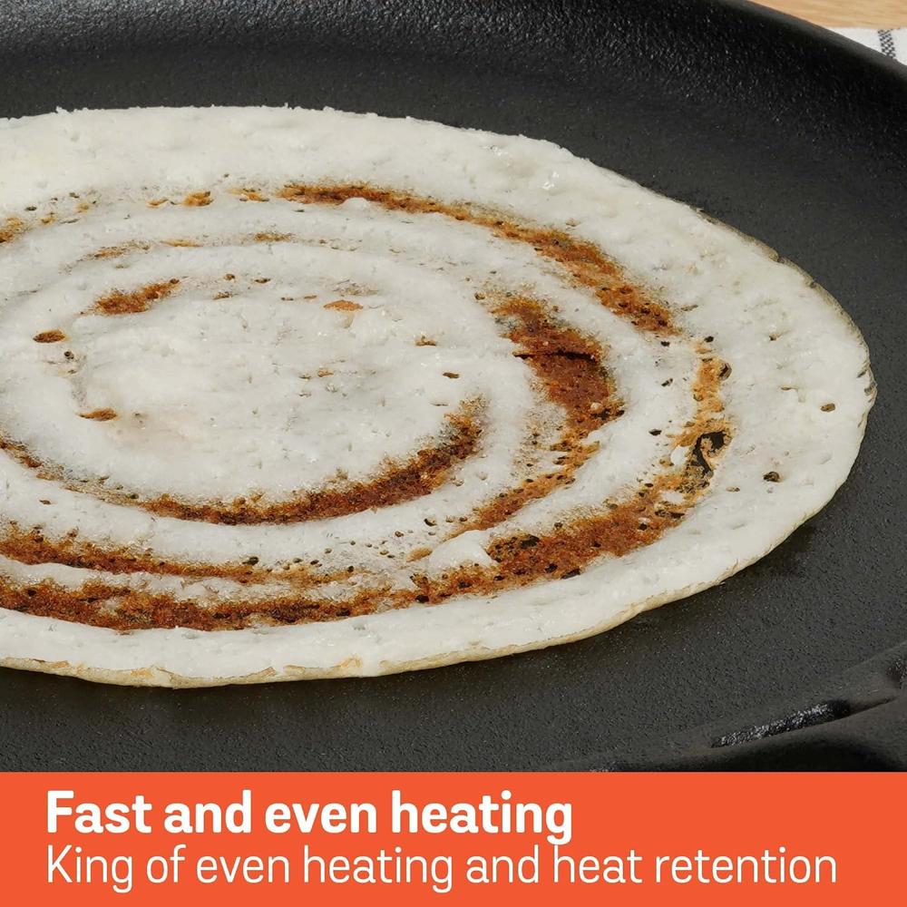 Meyer Pre-Seasoned Cast Iron Flat Dosa/Roti/Chapati Tawa Pan with Stick Handle, Dosa Kallu, Iron Tawa Small Size, Gas and Induction Compatible | 24cm, Black 48146