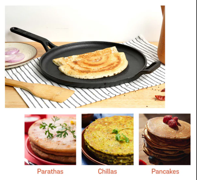 Meyer Pre-Seasoned Cast Iron Flat Dosa Tawa, 28 cm, Black 47610