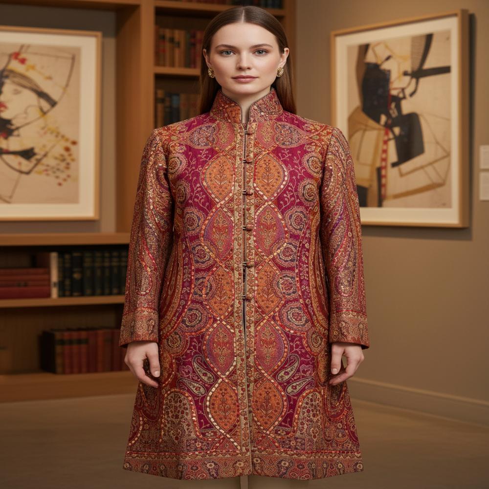 Pure Wool jamawar embroidered long jacket