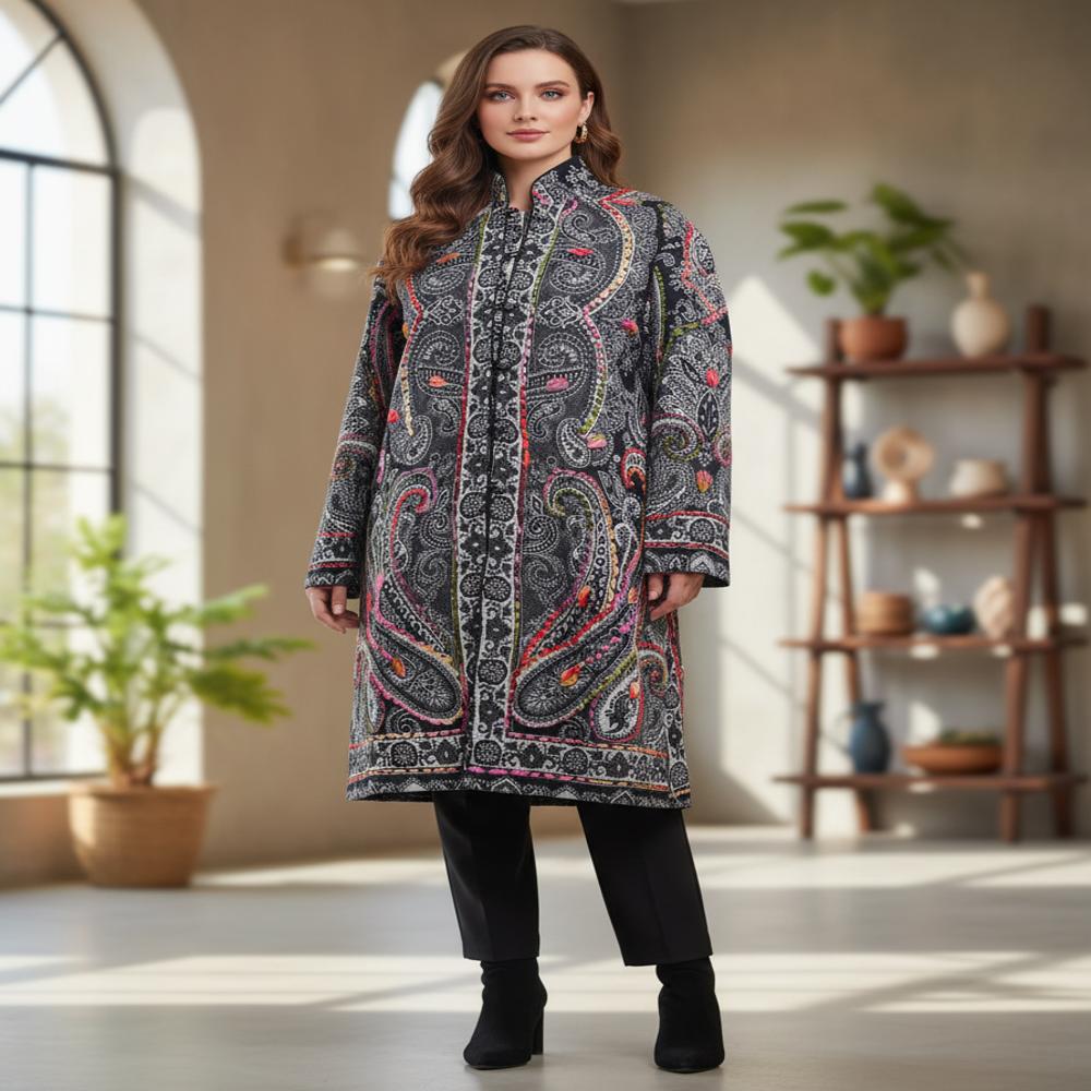 Pure Wool jamawar embroidered long jacket