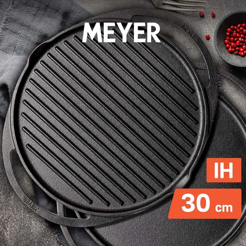 Meyer Pre-Seasoned Cast Iron 2 in 1 Grill and Griddle Pan | Tawa for Dosa | Roti Tawa Iron | Cast-Iron Grill Pan | Iron Tava Big Size, 30cm, Black 48134