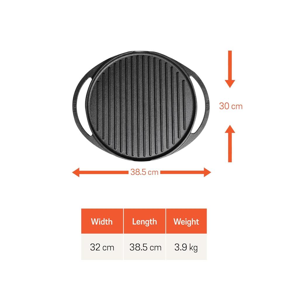 Meyer Pre-Seasoned Cast Iron 2 in 1 Grill and Griddle Pan | Tawa for Dosa | Roti Tawa Iron | Cast-Iron Grill Pan | Iron Tava Big Size, 30cm, Black 48134