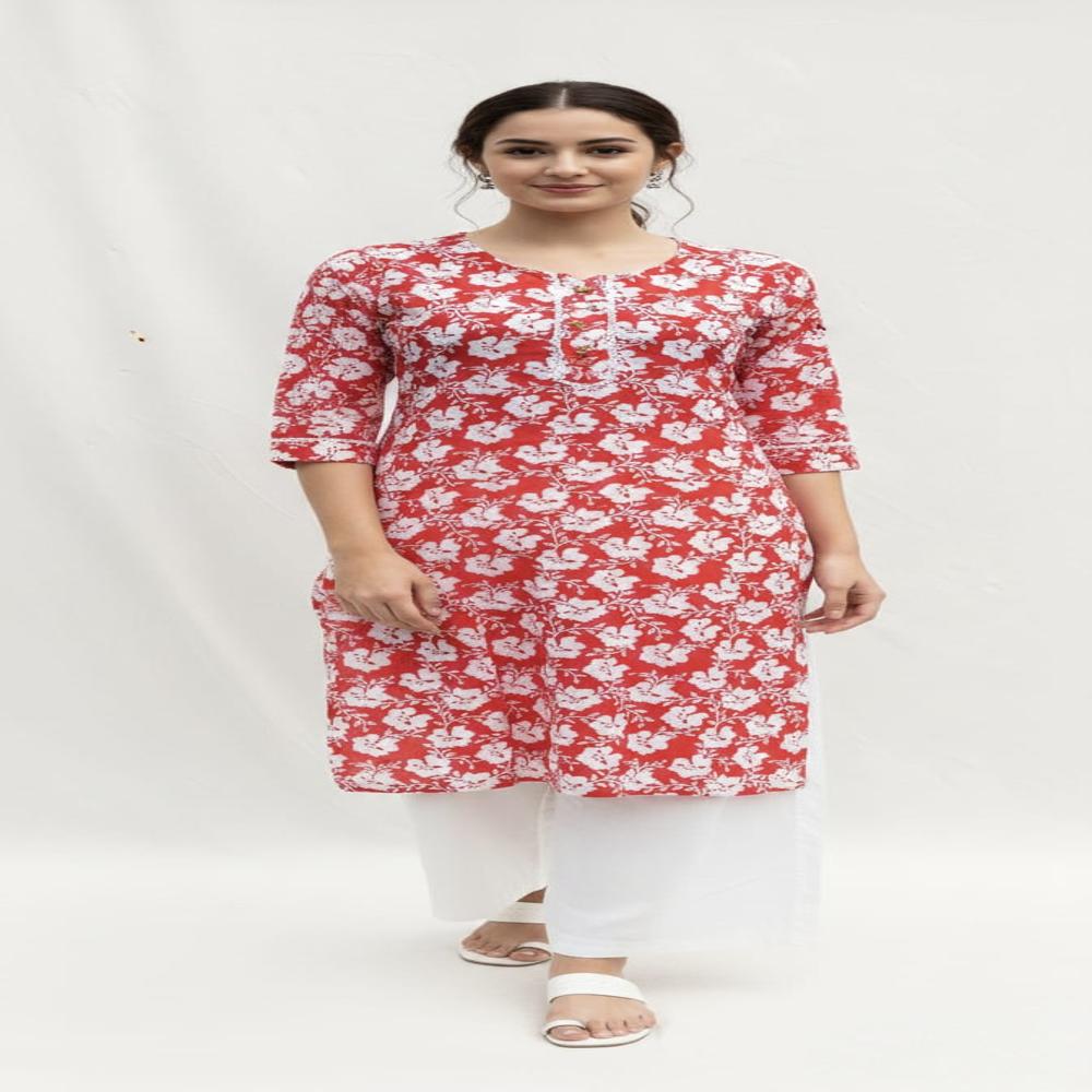 Woman Printed Pure Cotton Kurti - Color: Red