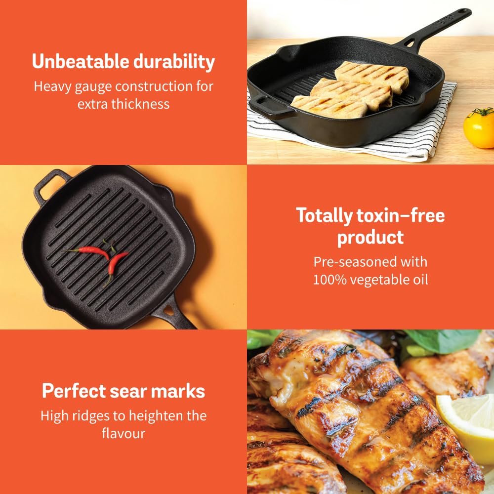 Meyer Cast Iron Grill Pan | Cast Iron Pan | Tandoor Grill | Cast Iron Griller Pan Big Size, Gas and Induction Compatible, 25cm, Black 47763