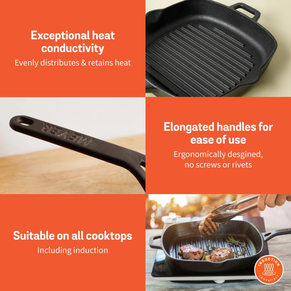 Meyer Cast Iron Grill Pan | Cast Iron Pan | Tandoor Grill | Cast Iron Griller Pan Big Size, Gas and Induction Compatible, 25cm, Black 47763