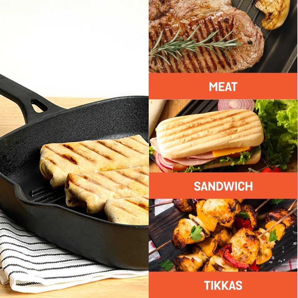 Meyer Cast Iron Grill Pan | Cast Iron Pan | Tandoor Grill | Cast Iron Griller Pan Big Size, Gas and Induction Compatible, 25cm, Black 47763