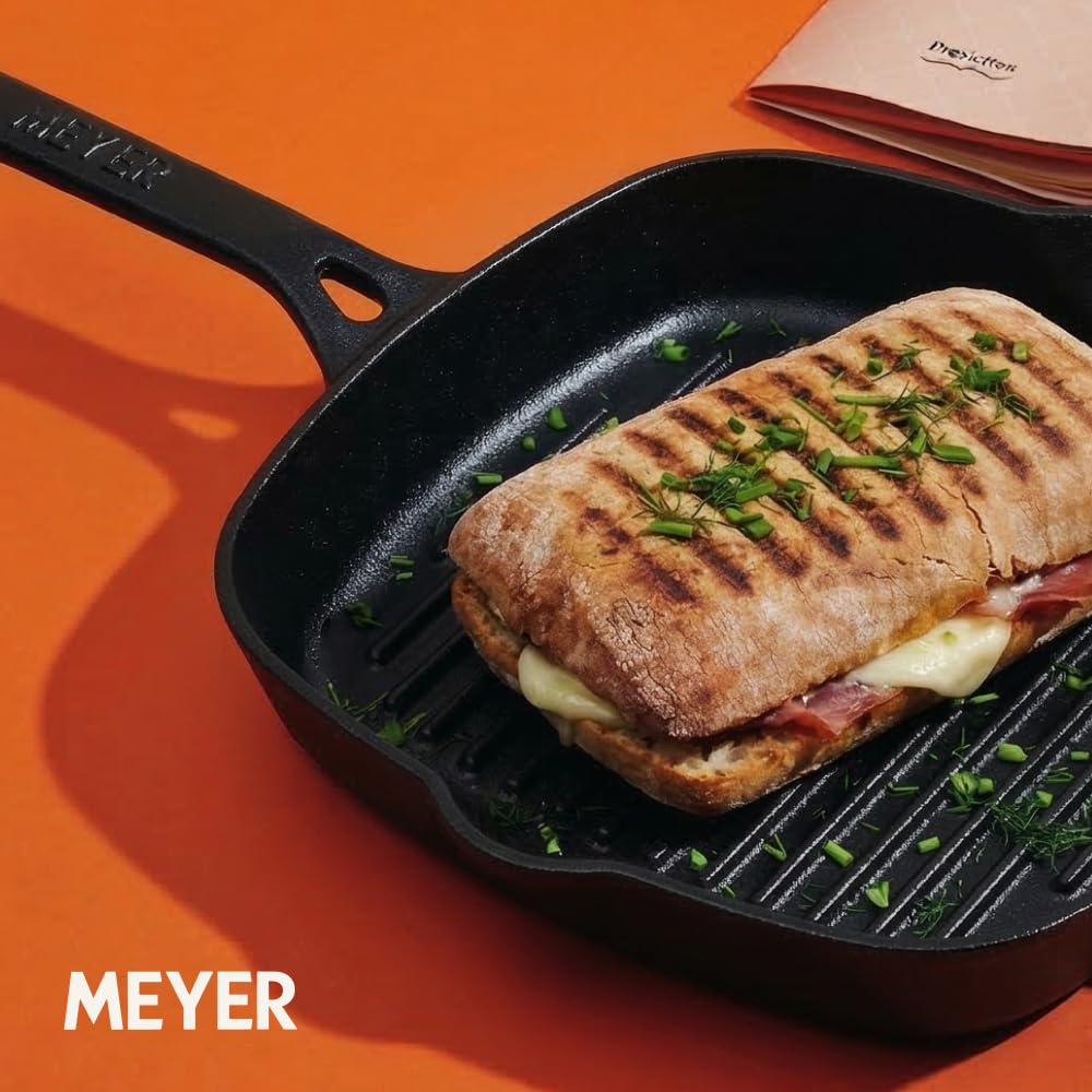 Meyer Cast Iron Grill Pan | Cast Iron Pan | Tandoor Grill | Cast Iron Griller Pan Big Size, Gas and Induction Compatible, 25cm, Black 47763
