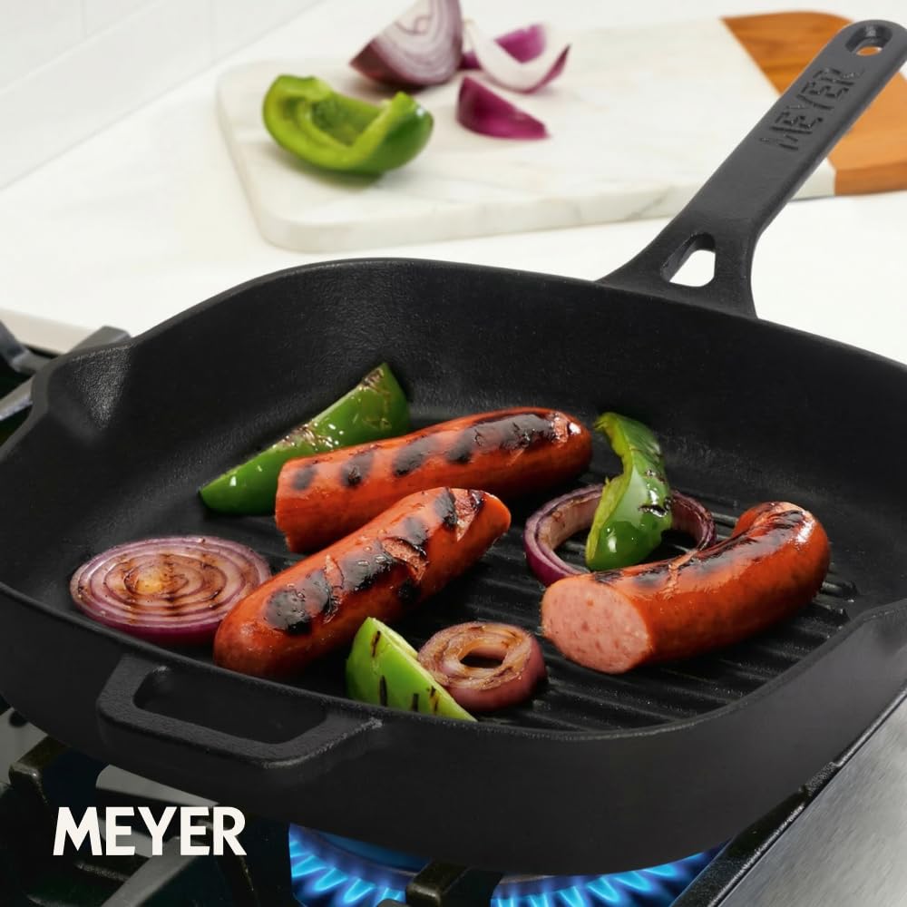 Meyer Cast Iron Grill Pan | Cast Iron Pan | Tandoor Grill | Cast Iron Griller Pan Big Size, Gas and Induction Compatible, 25cm, Black 47763