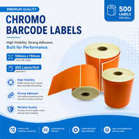 Orange Chromo Barcode Labels Rolls - Pvc Paper Base, 100mm X 150mm, Orange, Glossy Finish | Strong Adhesive, Tear Resistant, 500 Labels Per Roll