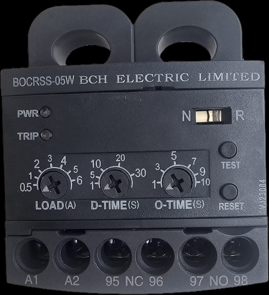 Bch - Bocrss-60s (mp21ss060s4) Electronic Overcurrent Relay - Silver Alloy Contacts, 70x45x85mm, Black, Adjustable 0.5-6a, Led Indicators, Din Rail/panel Mount