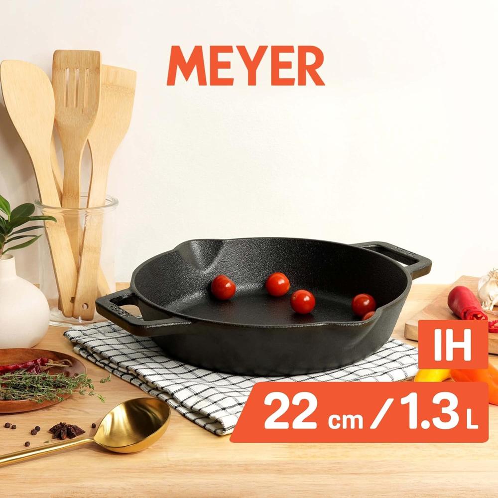 Meyer Pre Seasoned Cast Iron Skillet | Fry Pan | Iron Pan | Cast Iron Cookware| Cast Iron Frying Pan with 2 Side Handles | Gas and Induction Compatible, 22cm/ 1.3 litres, Black 48447
