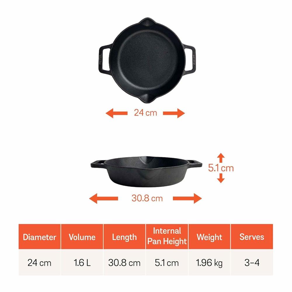 Meyer Pre Seasoned Cast Iron Skillet | Fry Pan | Iron Pan | Cast Iron Cookware| Cast Iron Frying Pan with 2 Side Handles | Gas and Induction Compatible, 24cm/ 1.6 litres, Black 48095