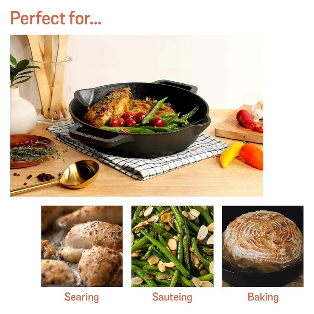 Meyer Pre Seasoned Cast Iron Skillet | Fry Pan | Iron Pan | Cast Iron Cookware| Cast Iron Frying Pan with 2 Side Handles | Gas and Induction Compatible, 24cm/ 1.6 litres, Black 48095