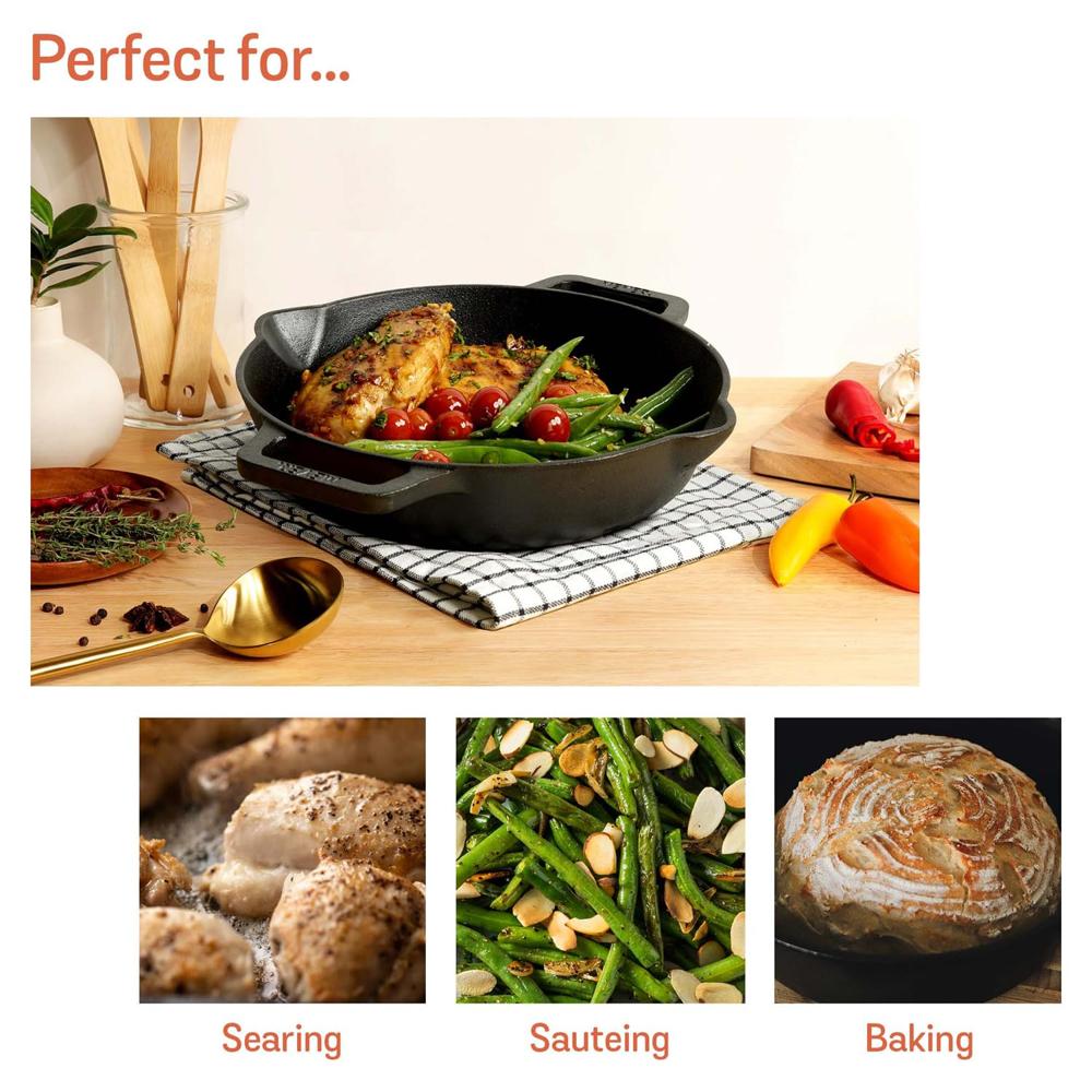 Meyer Pre Seasoned Cast Iron Skillet | Fry Pan | Iron Pan | Cast Iron Cookware| Cast Iron Frying Pan with 2 Side Handles | Gas and Induction Compatible, 26cm/ 2 litres, Black 48413