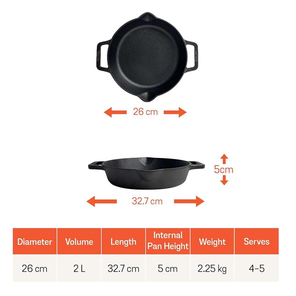 Meyer Pre Seasoned Cast Iron Skillet | Fry Pan | Iron Pan | Cast Iron Cookware| Cast Iron Frying Pan with 2 Side Handles | Gas and Induction Compatible, 26cm/ 2 litres, Black 48413