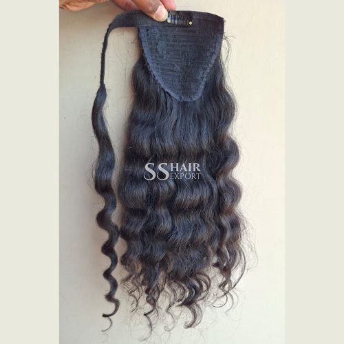 Curly Ponytail Hair Extensions 26in Black Natural Wavy Human Hair Fake Hair Peice