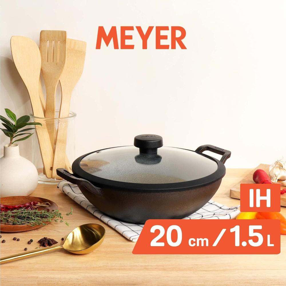  Meyer Pre Seasoned Cast Iron Kadai|Iron Kadhai with Lid for Cooking and Stir Frying | Heavy Base Iron Kadai Small Size | Gas Stove and Induction Friendly 20cm/ 1.5 Liters, Black 48449